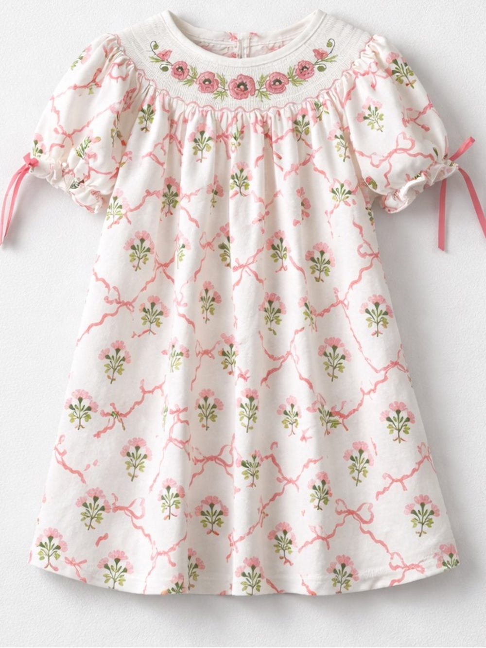 Rylee Faith Designs smocked embroidered knit floral and bows short sleeve dress